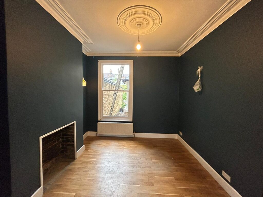 Dark painted living room from another angle
